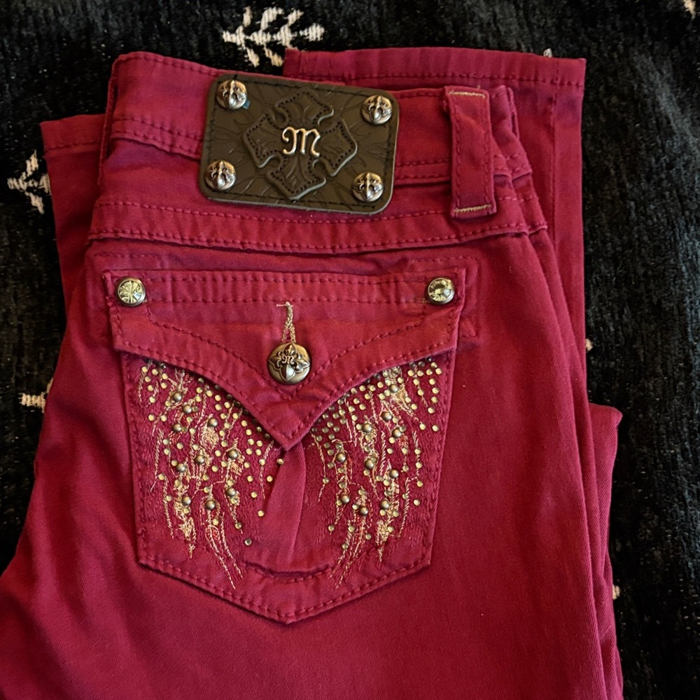Miss Me skinny Maroon Embellished Jeans with Cross Detail size 27